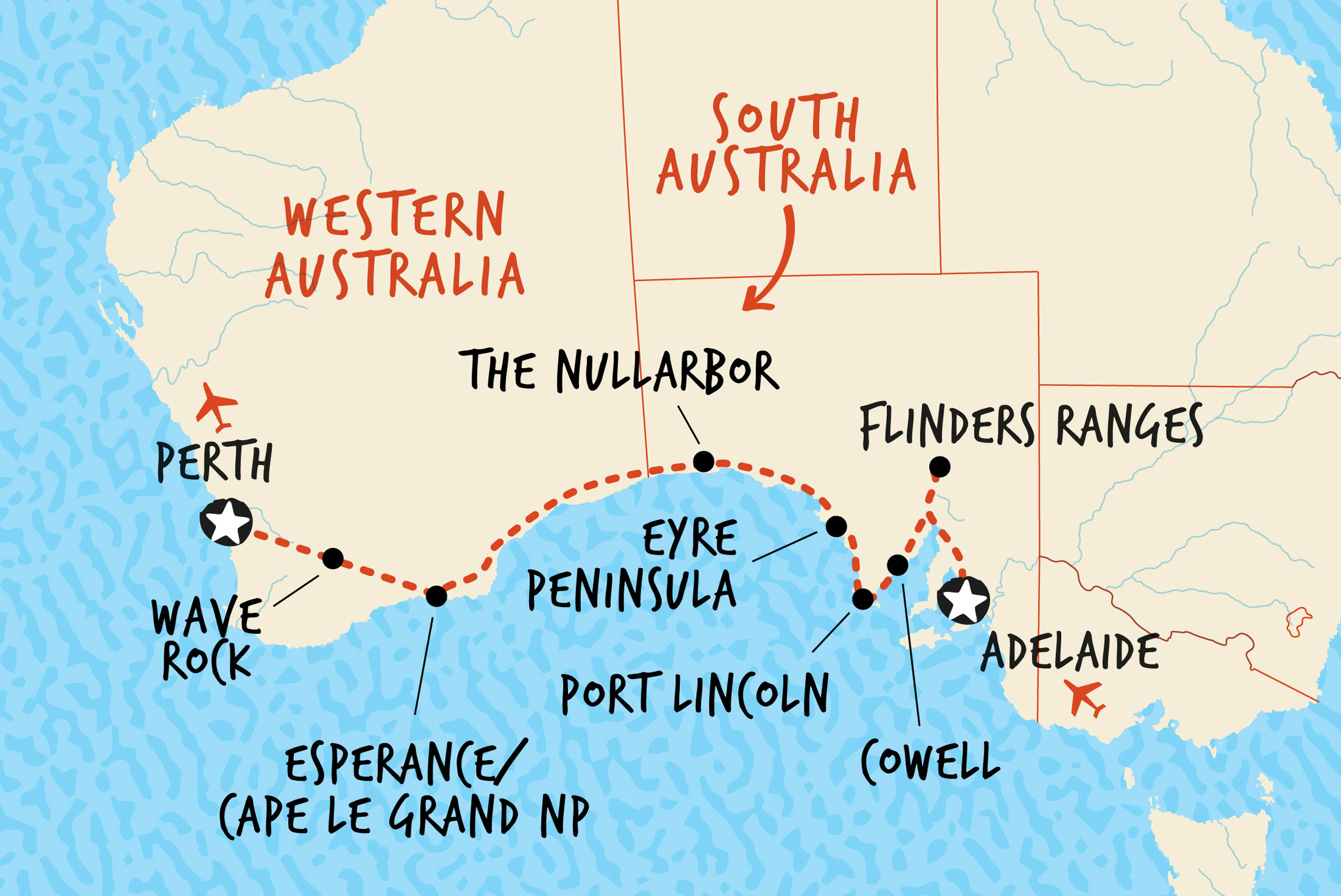 Map of Perth to Adelaide Overland including Australia