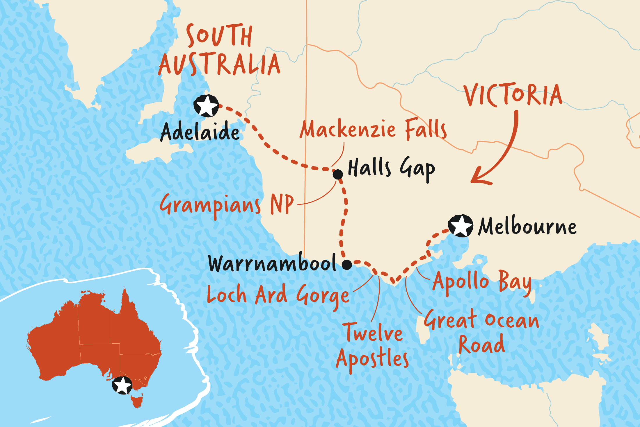 Map of Great Ocean Road Adventure ex Melbourne Map of Great Ocean Road Adventure ex Melbourne including Australia