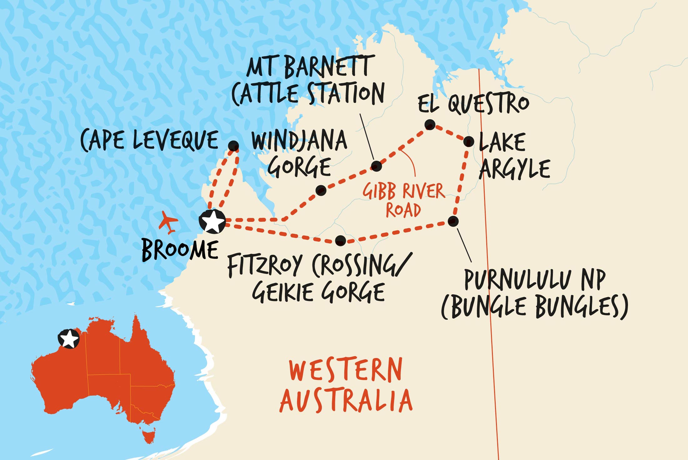 Map of The Great Kimberley Overland including Australia